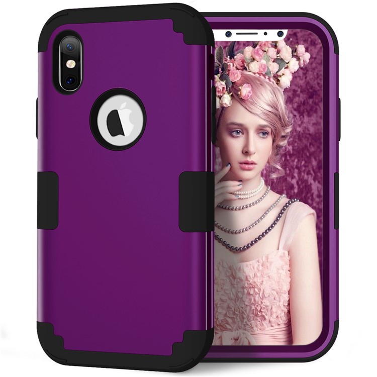 

3-шт. ПК + Силиконовый Противоударный Комбинированный Корпус Для Iphone XS / X - Темно Фиолетовый / Черный