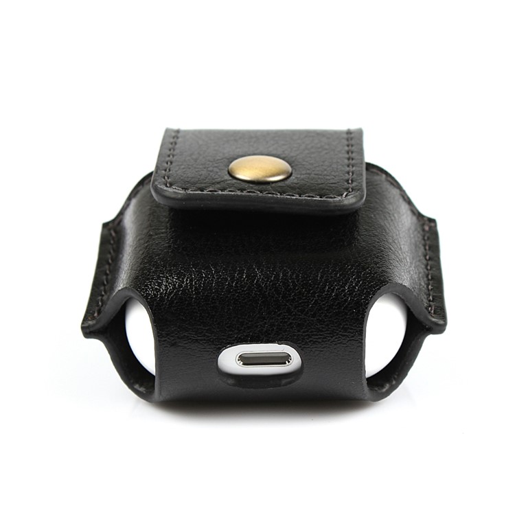 Couro Genuíno Capa Protetora Para Apple Airpods Caso De Carregamento - Preto-4