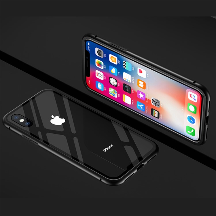 Detachable Magnetic Metal Frame + Tempered Glass Back Mobile Phone Case for iPhone X - Black