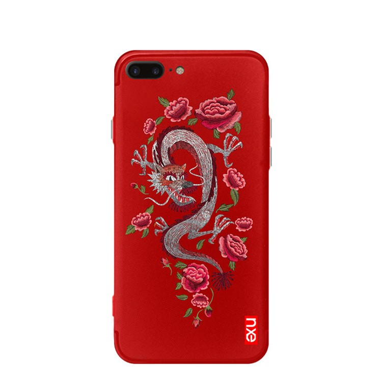 

NXE Traditional Peony Animal Embroidery PC + TPU Hybrid Phone Casing for iPhone 8 Plus / 7 Plus - Dragon on Red Background