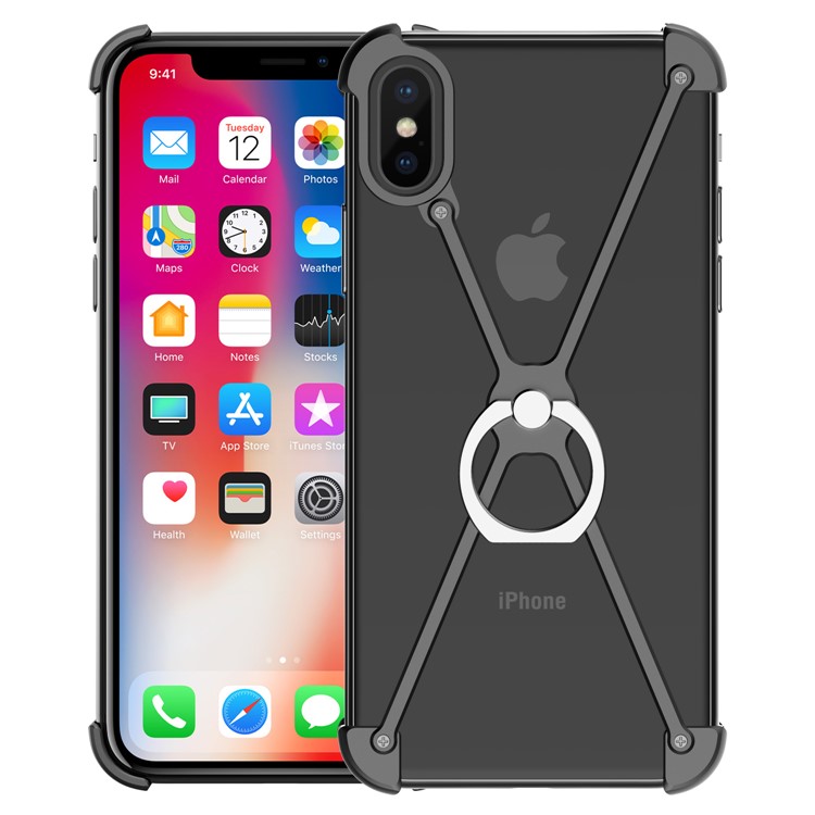 X Shape EVA + Aluminum Alloy Phone Case with Ring Holder Kickstand for iPhone X - Black-1