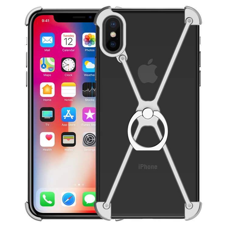 

X Shape EVA + Aluminum Alloy Phone Cover with Ring Holder Kickstand for iPhone X - Silver