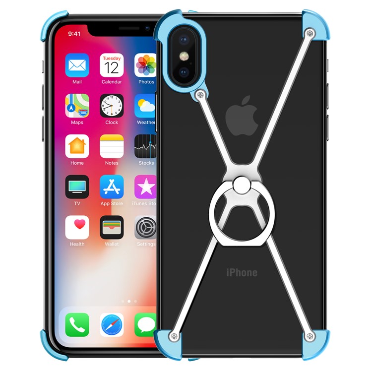 

X Shape EVA + Aluminum Alloy Cell Phone Case with Ring Holder Kickstand for iPhone X - Blue