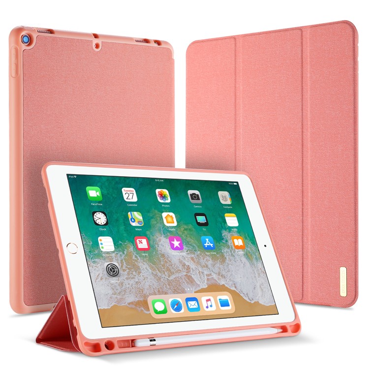 DUXDUCIS Domo Series Cloth Texture Tri-fold Stand PU Leather Smart Shell for iPad 9.7-inch (2018) / 9.7-inch (2017) - Pink