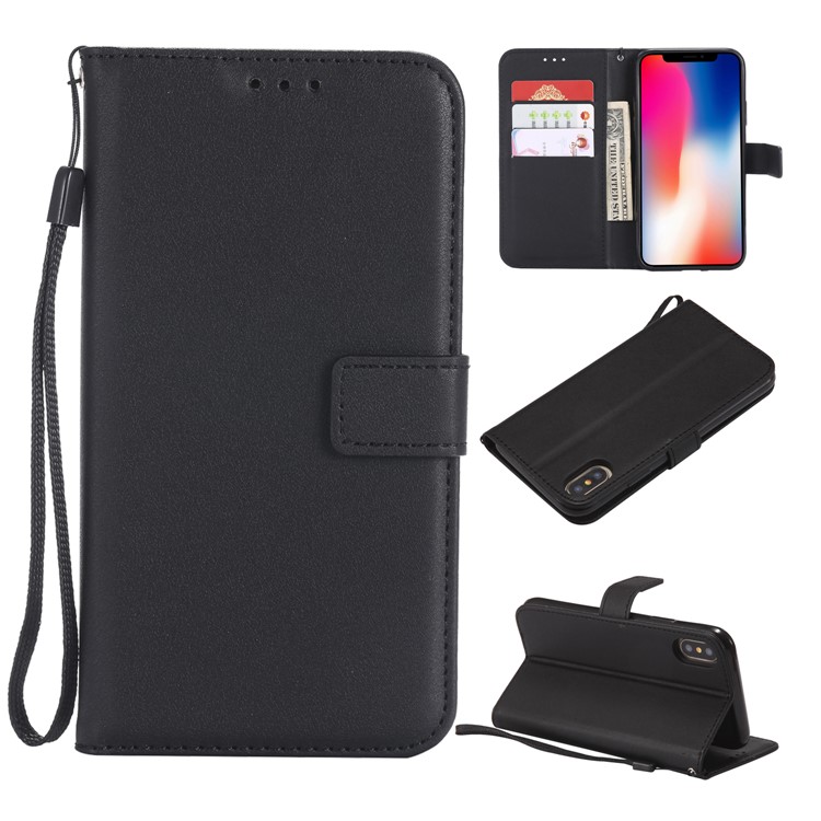 Wallet Stand Magnetic Leather Flip Protective Case with Strap for iPhone X - Black-1