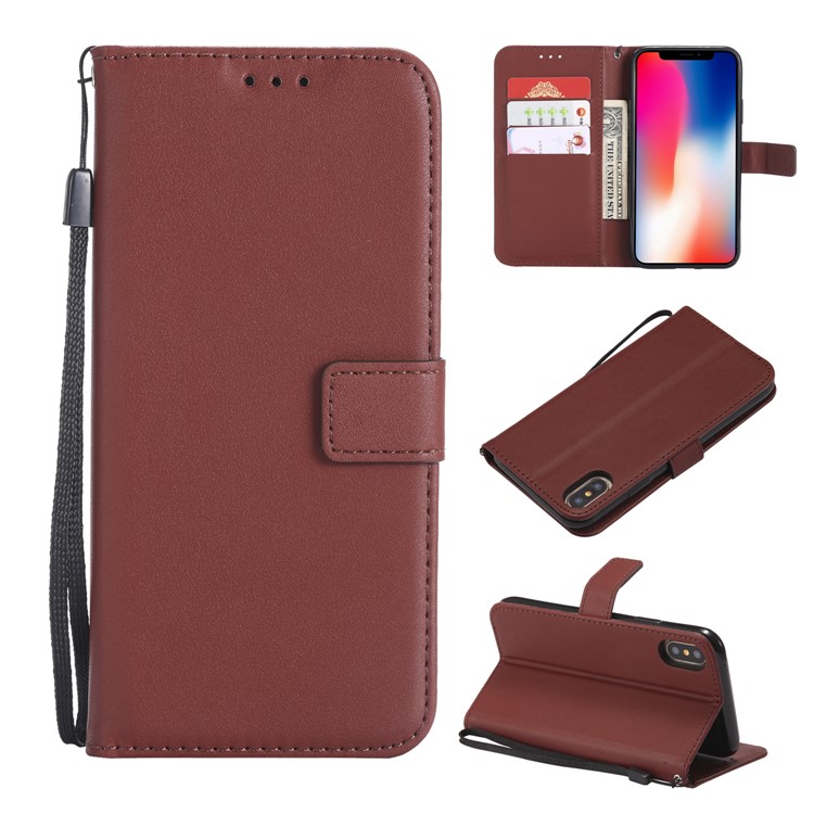 

Wallet Stand Magnetic Leather Flip Protective Mobile Phone Shell with Strap for iPhone X - Brown