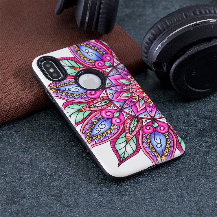 Embossment Patterned PC + TPU Hybrid Case for iPhone X - Half Mandala Flower-5