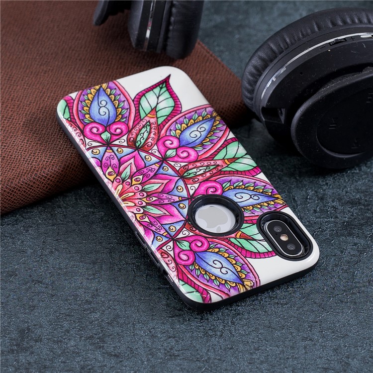 Embossment Patterned PC + TPU Hybrid Case for iPhone X - Half Mandala Flower-6