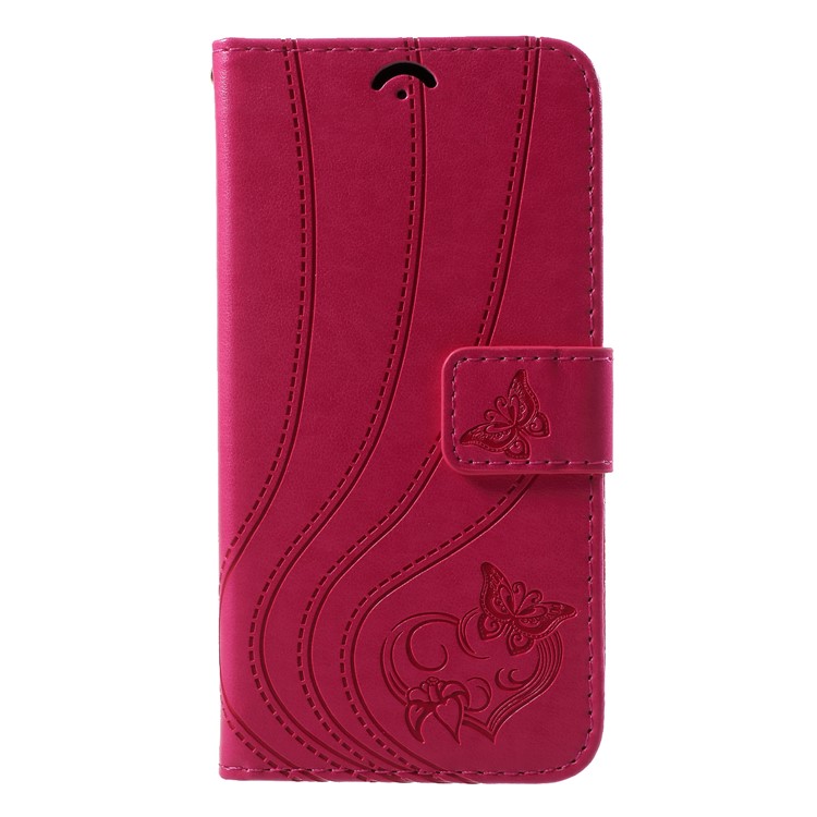 Imprint Butterfly Heart Leather Wallet Case for iPhone X - Rose-3