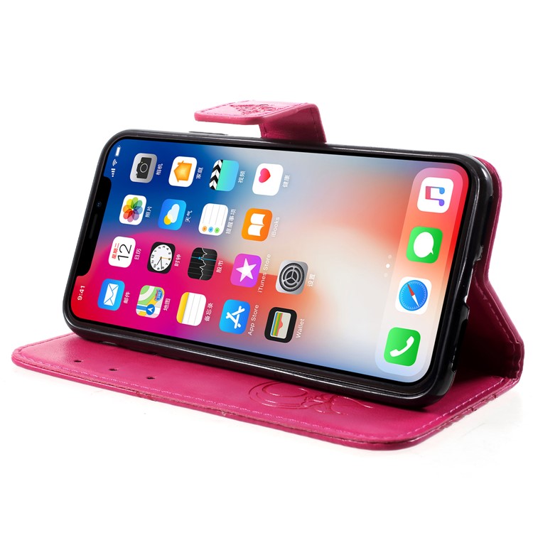 Imprint Butterfly Heart Leather Wallet Case for iPhone X - Rose-4