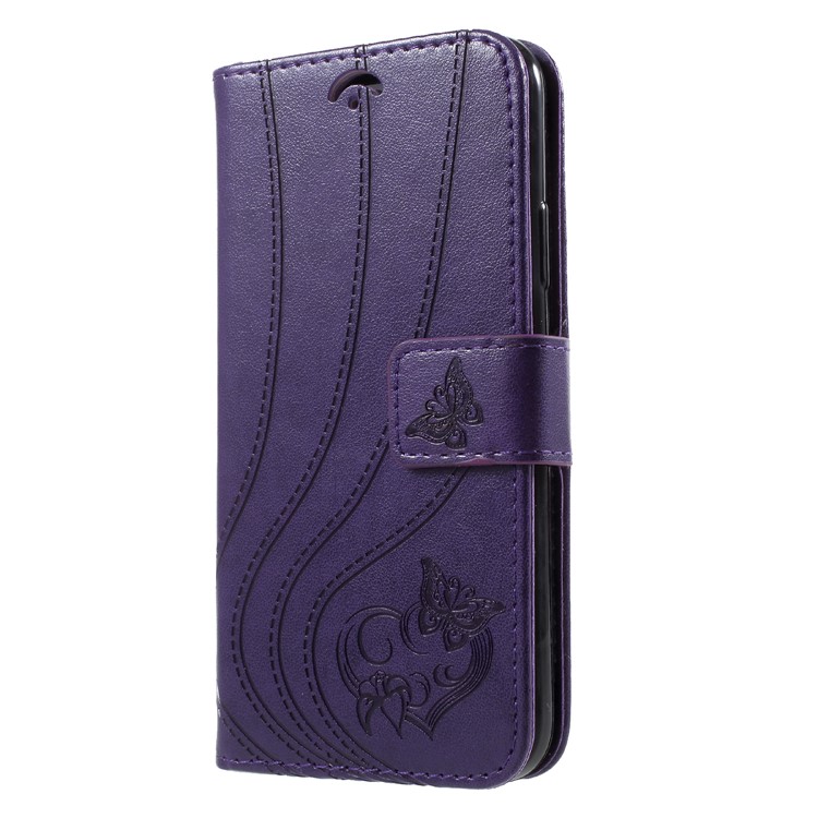 Imprint Butterfly Heart Leather Wallet Stand Magnetic Case for iPhone X - Dark Purple-3