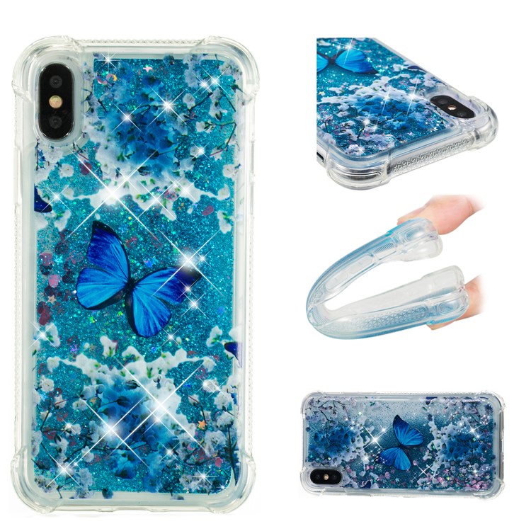 Liquid Glitter Powder Quicksand Shockproof TPU Cell Phone Case for iPhone X - Blue Butterfly-1