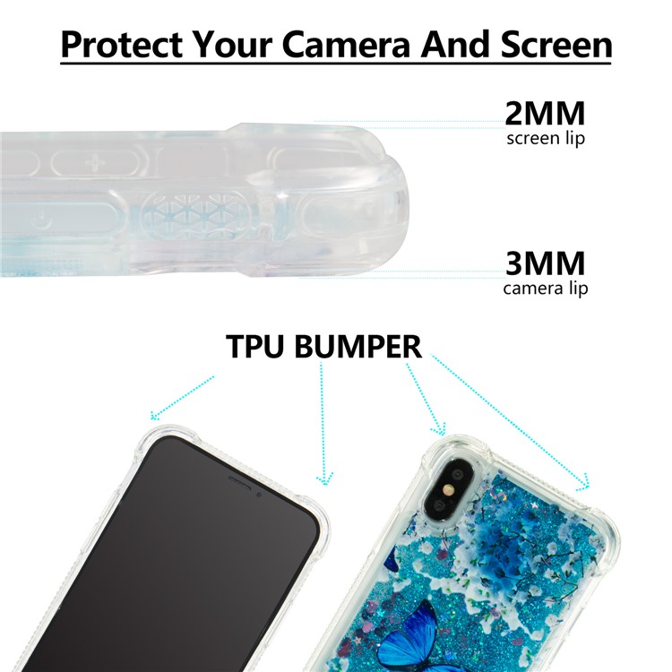 Liquid Glitter Powder Quicksand Shockproof TPU Cell Phone Case for iPhone X - Blue Butterfly-10