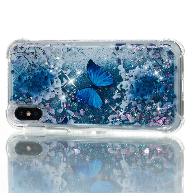 Liquid Glitter Powder Quicksand Shockproof TPU Cell Phone Case for iPhone X - Blue Butterfly-3