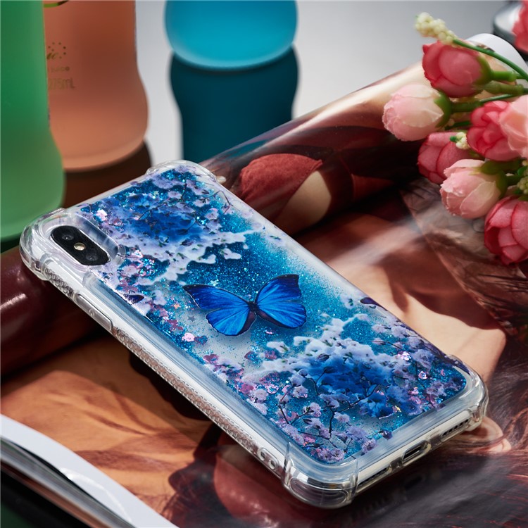 Liquid Glitter Powder Quicksand Shockproof TPU Cell Phone Case for iPhone X - Blue Butterfly-4