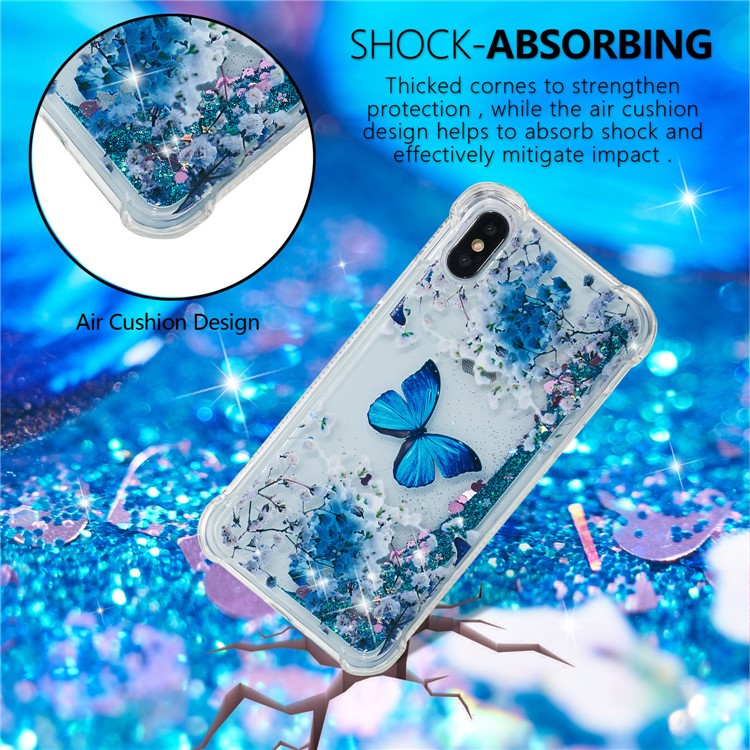 Liquid Glitter Powder Quicksand Shockproof TPU Cell Phone Case for iPhone X - Blue Butterfly-5