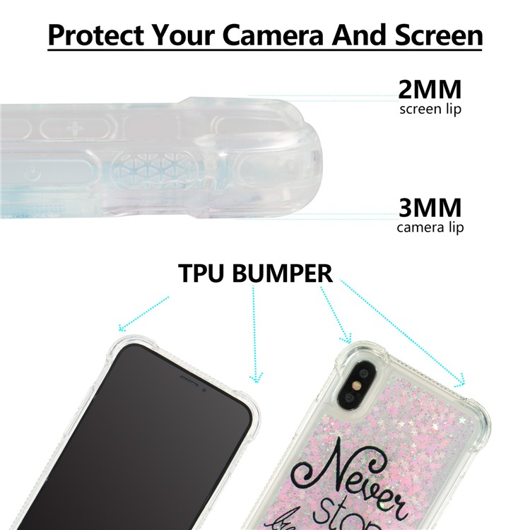 Liquid Glitter Powder Quicksand Shockproof TPU Cell Phone Shell for iPhone X - Never Stop Dreaming-7