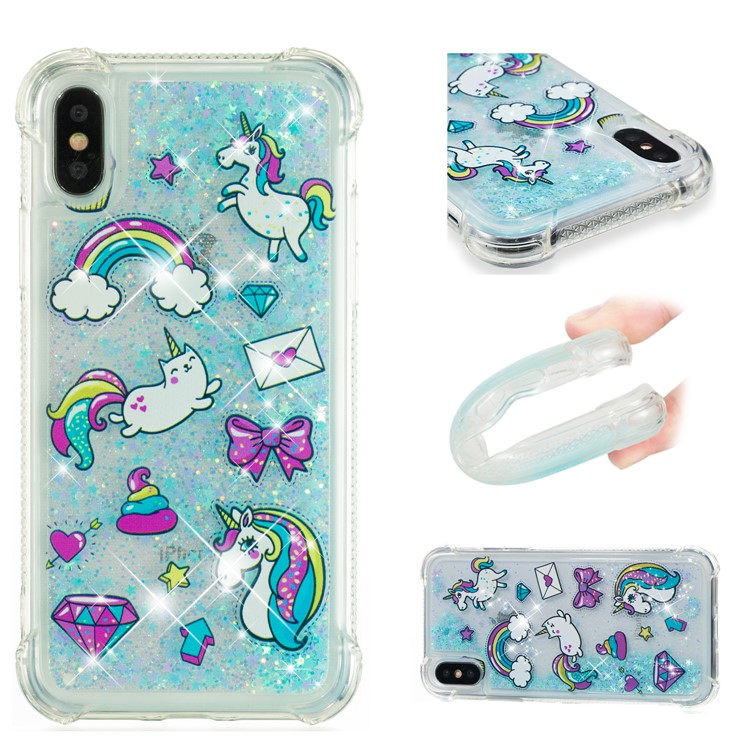 

Liquid Glitter Powder Quicksand Shockproof TPU Back Casing for iPhone XS / X 5.8 inch - Unicorns and Rainbow