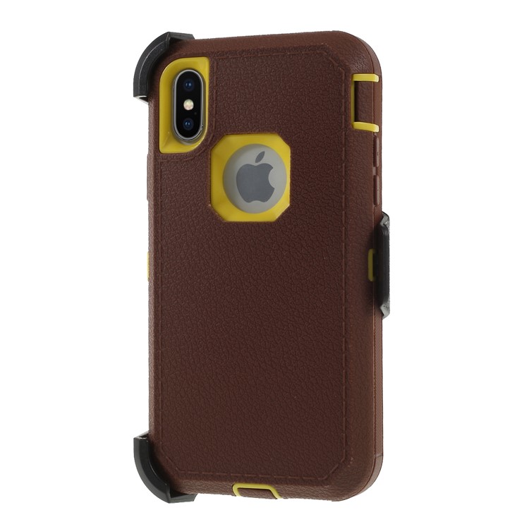 

Litchi Textured Belt Clip Kickstand Heavy Duty PC + TPU + Silicone Hybrid Accessory Shell for iPhone Xs/X 5.8 inch - Coffee, iPhone Xs