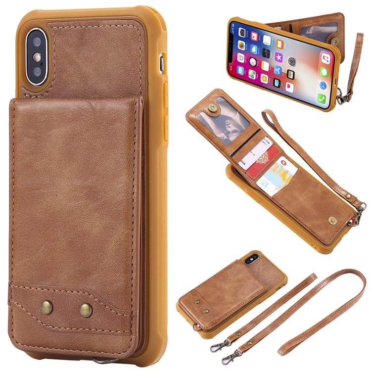 

PU leather Coated TPU Card Holder Phone Case with Kickstand for iPhone XS / X 5.8 inch with 2 Straps - Brown