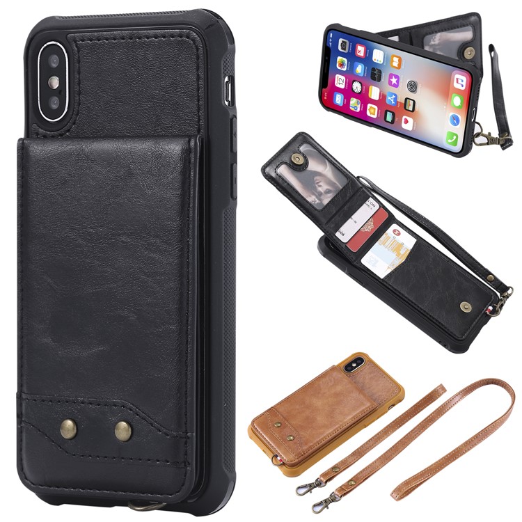 

PU leather Coated TPU Card Holder Phone Cover with Kickstand for iPhone XS / X 5.8 inch with 2 Straps - Black
