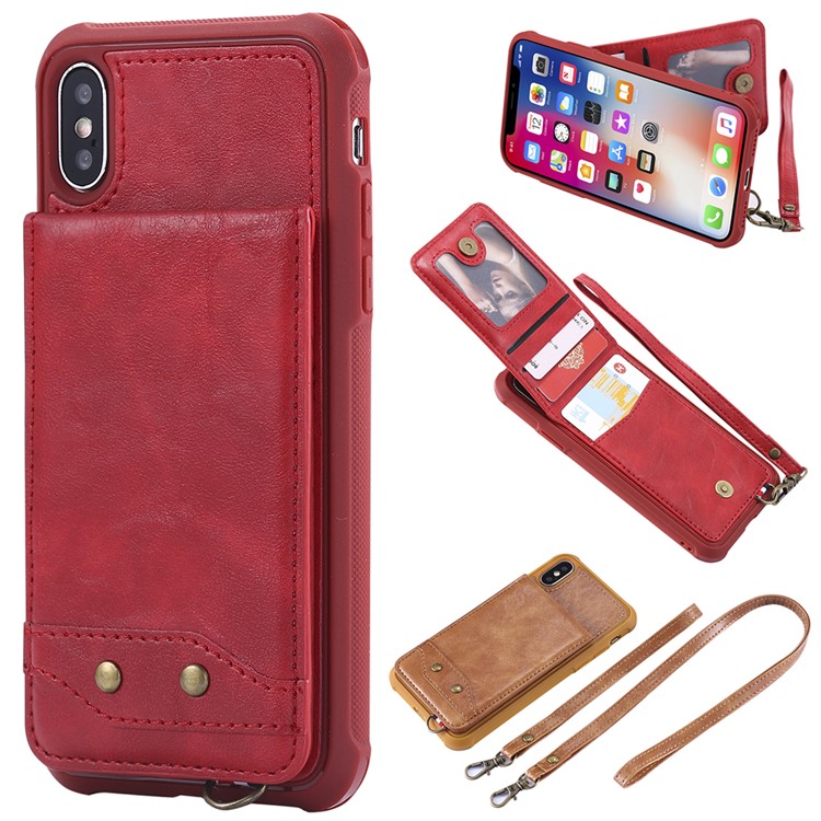 

PU leather Coated TPU Card Holder Mobile Casing with Kickstand for iPhone XS / X 5.8 inch with 2 Straps - Red