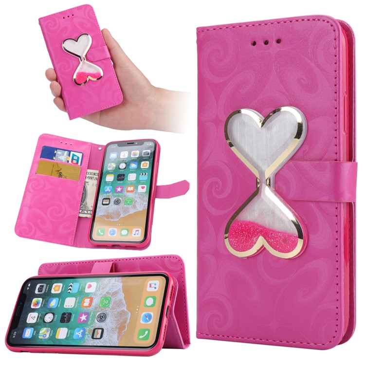 

Spiral Texture Double Hearts Quick Sand Leather Wallet Stand Phone Casing for iPhone X / 10 5.8 inch - Rose