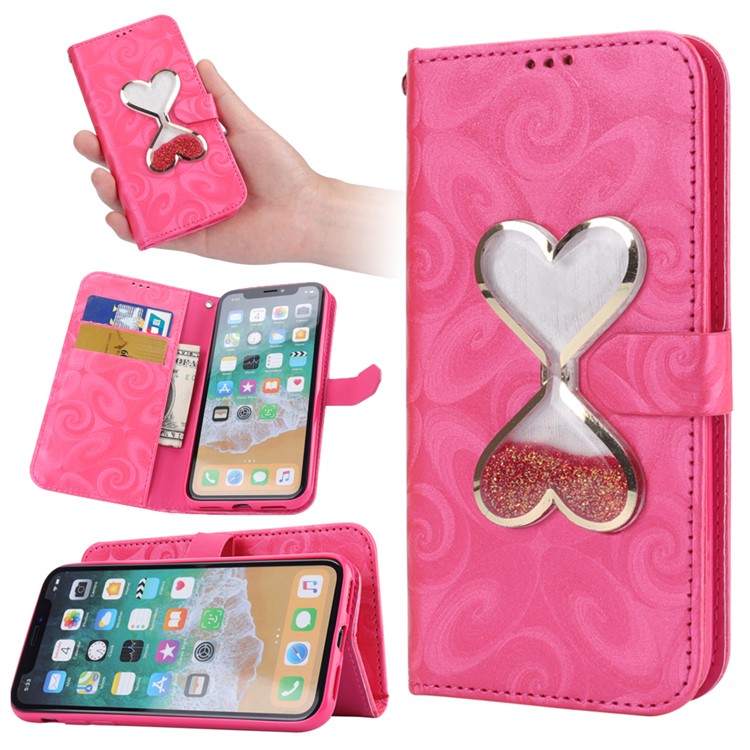 

For iPhone X(Ten) 5.8 inch Spiral Texture Double-heart Quick Sand Leather Wallet Cover Accessory - Watermelon Red