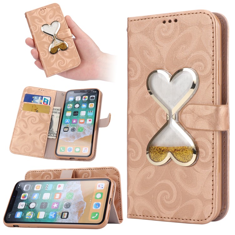 

For iPhone X(Ten) 5.8 inch Spiral Texture Double-heart Quick Sand Leather Stand Wallet Cover Case - Gold
