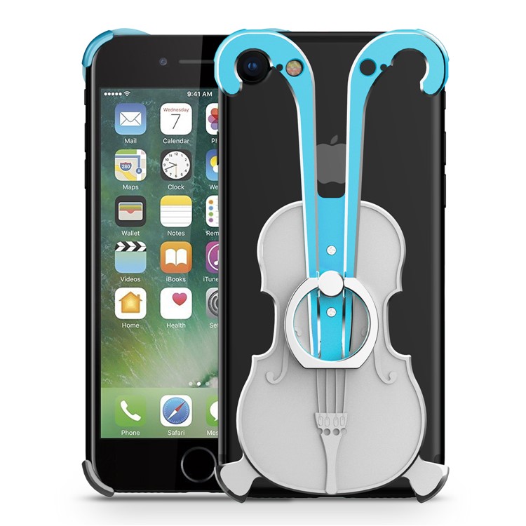 

Violin Shape Aluminum Alloy Drop-proof Protection Case with Ring Holder Kickstand for iPhone 8/7 - Blue / Silver