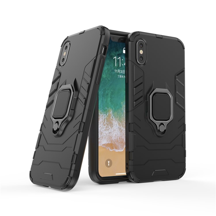

TPU + PC Hybrid Case with Finger Ring Kickstand for iPhone X - Black