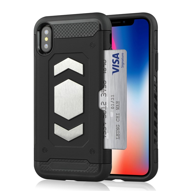 

PC + TPU Combo Card Holder Casing with Kickstand for iPhone XS/X 5.8 inch - Black
