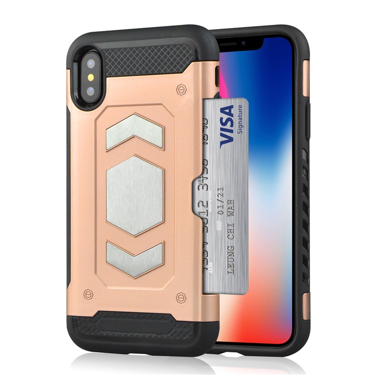 

PC + TPU Combo Card Holder Shell with Kickstand for iPhone XS/X 5.8 inch - Rose Gold