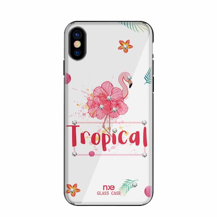 NXE Flamingo Pattern Rhinestone Decor TPU + PC + Glass Case for iPhone X - Tropical-2