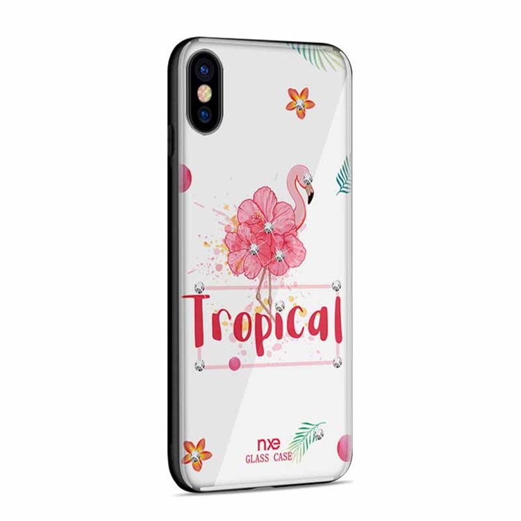 NXE Flamingo Pattern Rhinestone Decor TPU + PC + Glass Case for iPhone X - Tropical-4