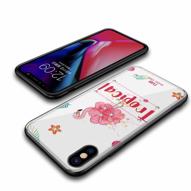 NXE Flamingo Pattern Rhinestone Decor TPU + PC + Glass Case for iPhone X - Tropical-5
