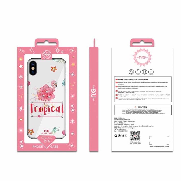 NXE Flamingo Pattern Rhinestone Decor TPU + PC + Glass Case for iPhone X - Tropical-6