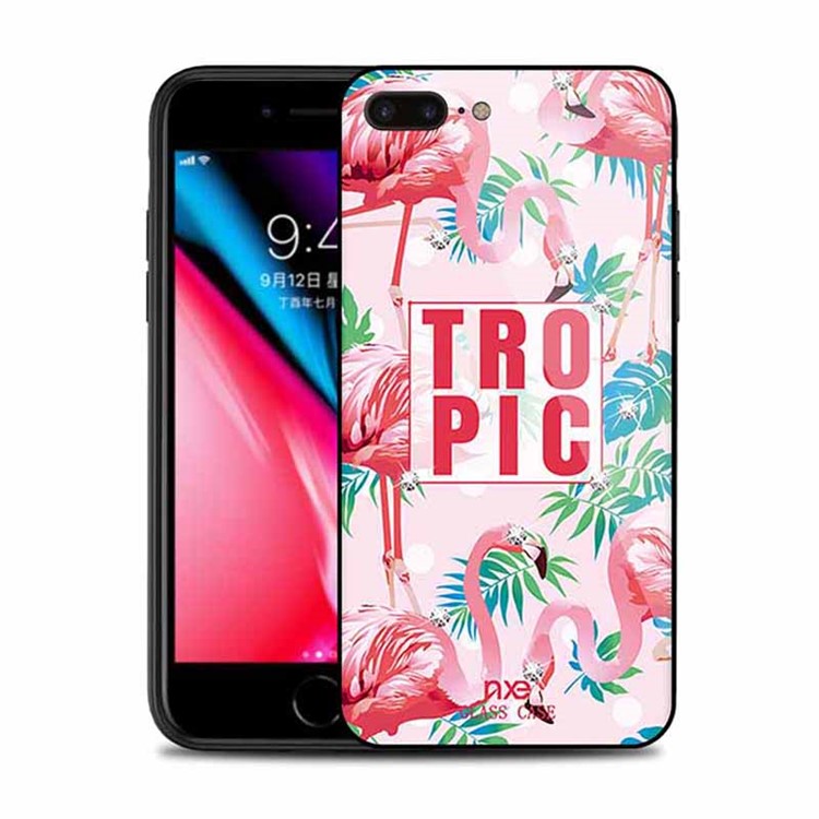 NXE for iPhone 8 Plus / 7 Plus Flamingo Pattern Rhinestone Decor TPU + PC + Glass Hybrid Case - TROPIC-1