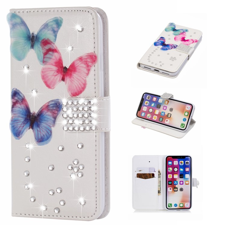 

Butterflies - Rhinestone Decor Wallet Stand Leather Protection Mobile Phone Cover Shell for iPhone X