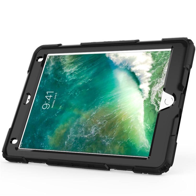 Heavy Duty TPU PC Hybrid Kickstand Case for iPad 9.7-inch (2018)/9.7-inch (2017) with Shoulder Strap - All Black-2