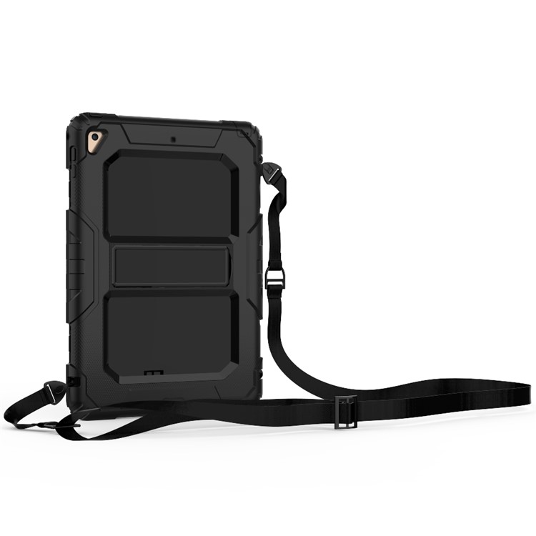 Heavy Duty TPU PC Hybrid Kickstand Case for iPad 9.7-inch (2018)/9.7-inch (2017) with Shoulder Strap - All Black-9