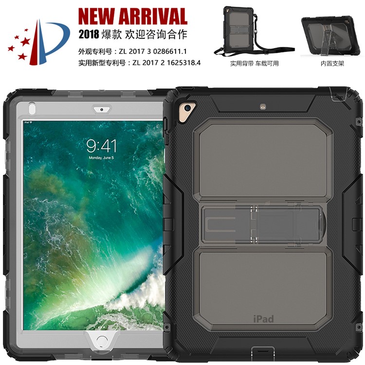 Heavy Duty TPU PC Hybrid Shell with Kickstand and Detachable Strap for iPad 9.7-inch (2018) / 9.7-inch (2017) - Grey-6