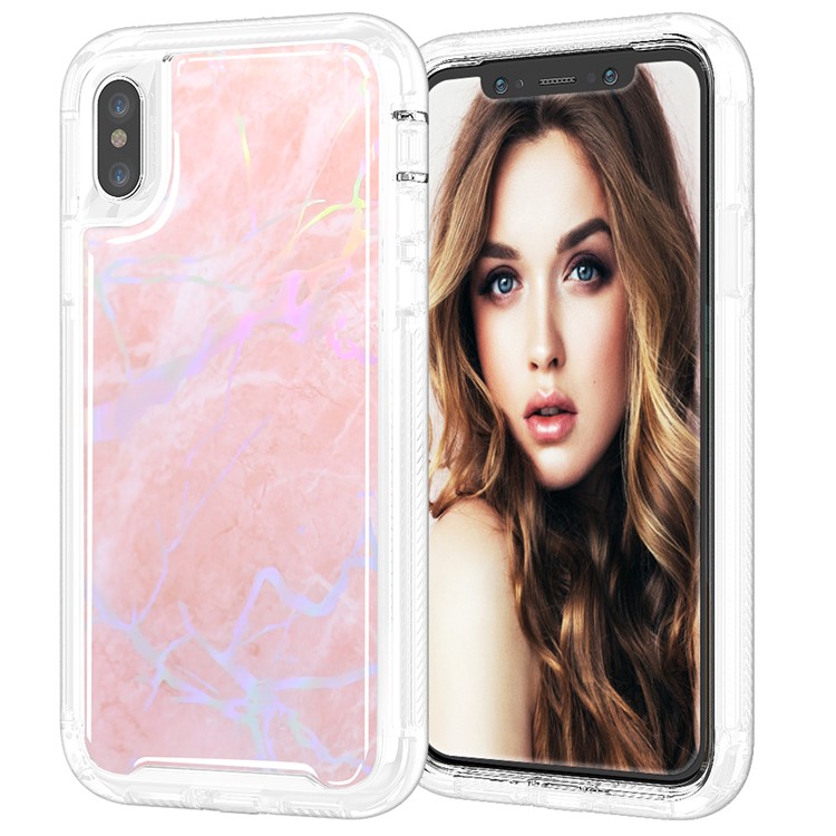 

3-piece Laser Carving Marble Pattern TPU Plastic Hybrid Back Case for iPhone XS / X 5.8 inch - Rose Gold