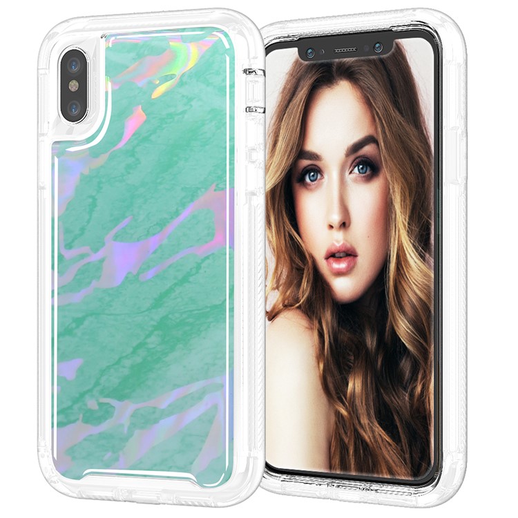

3-piece Laser Carving Marble Pattern TPU Plastic Hybrid Phone Shell for iPhone XS / X 5.8 inch - Green