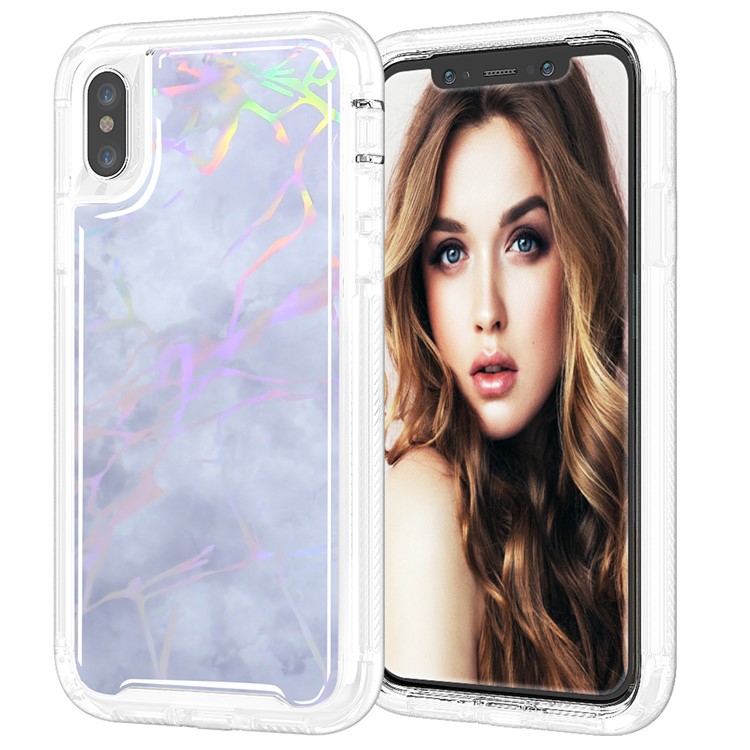 

3-piece Laser Carving Marble Pattern TPU Plastic Hybrid Protective Cover for iPhone XS / X 5.8 inch - Light Grey