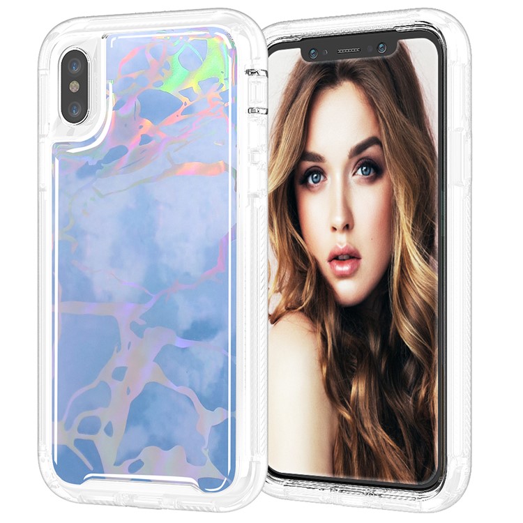 

3-piece Laser Carving Marble Pattern TPU Plastic Hybrid Mobile Casing for iPhone XS / X 5.8 inch - Blue