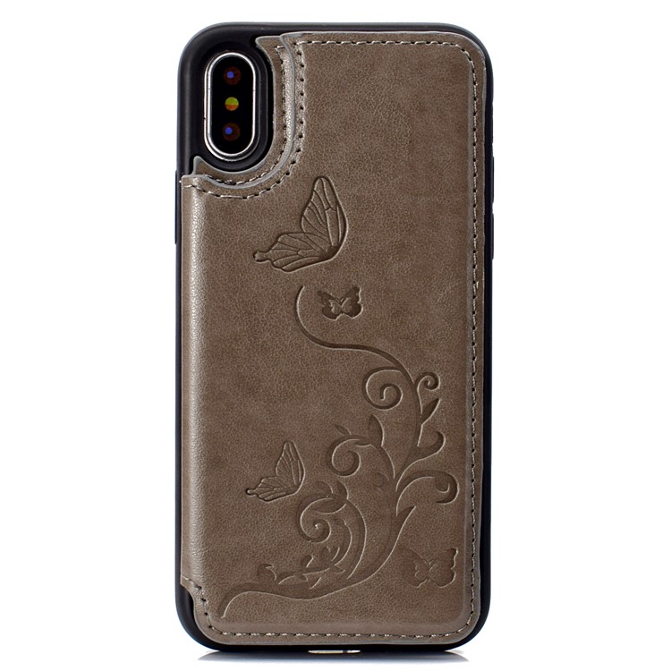 Imprint Butterfly Flower Card Slot PU Coated TPU Case with Kickstand for iPhone X - Grey-2