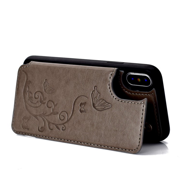 Imprint Butterfly Flower Card Slot PU Coated TPU Case with Kickstand for iPhone X - Grey-4