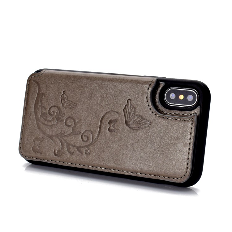 Imprint Butterfly Flower Card Slot PU Coated TPU Case with Kickstand for iPhone X - Grey-5