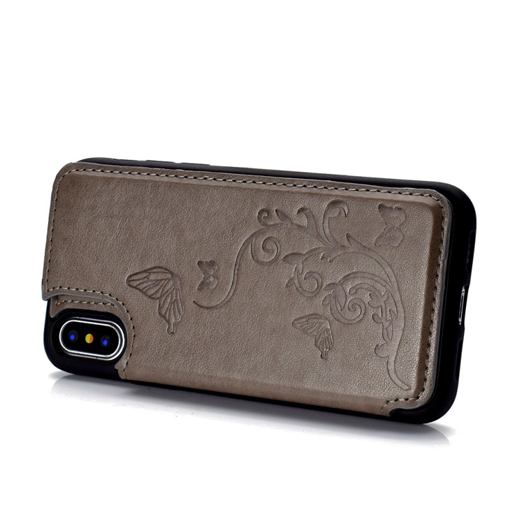 Imprint Butterfly Flower Card Slot PU Coated TPU Case with Kickstand for iPhone X - Grey-6